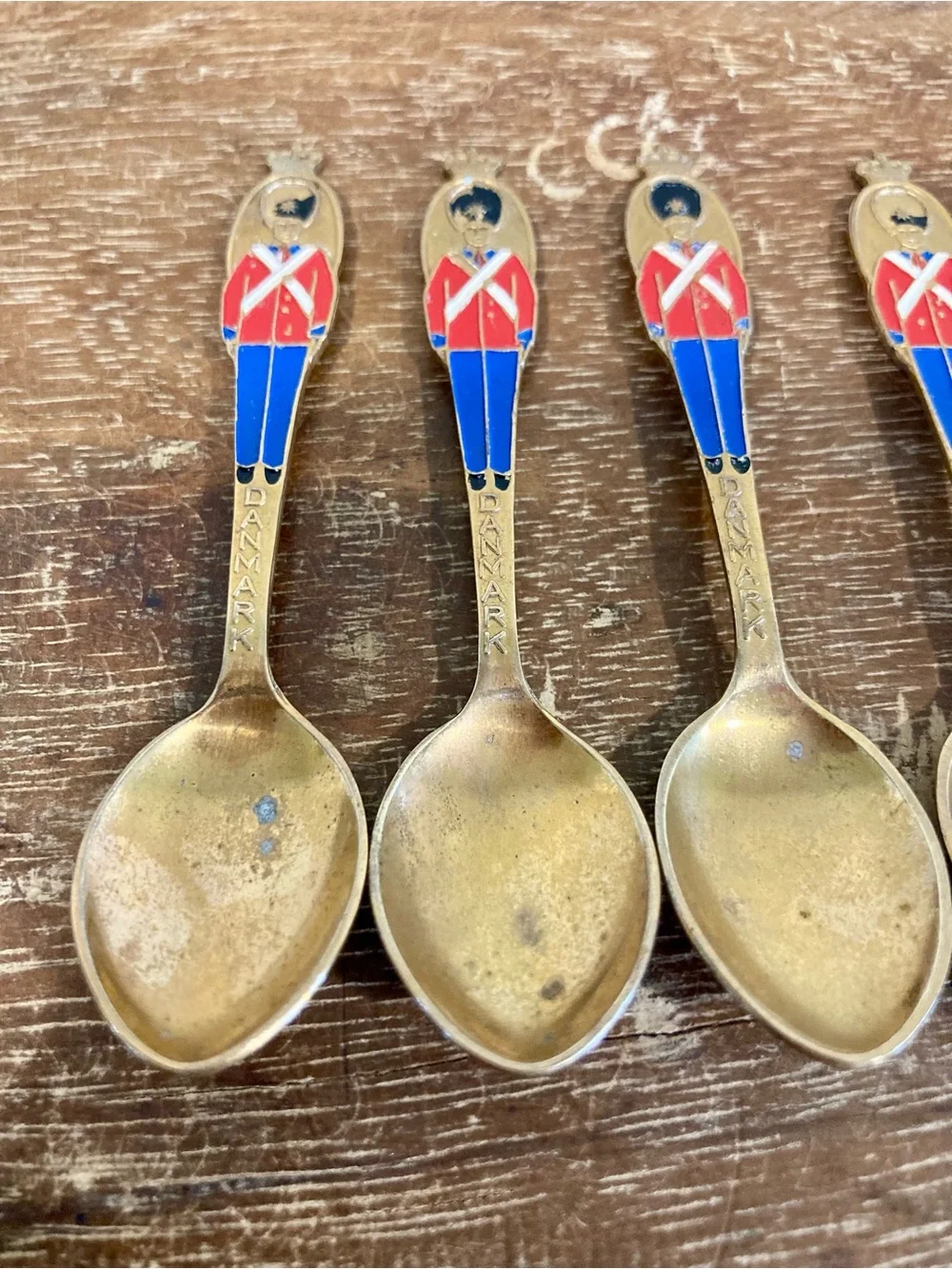 5 Vintage Gold Plated Souvenir Demitasse Spoons Denmark Soldiers